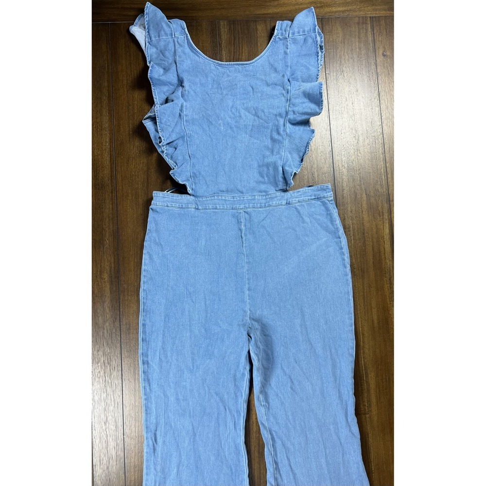 Fashion Nova Light Wash Denim Ruffle Cut Out Flare Leg Jumpsuit Plus Size 2X